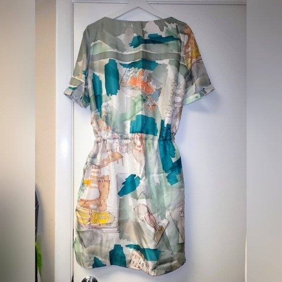 Piazza Sempione Silk Watercolor Italian Monuments Print Drawstring Dress Size S - Picture 12 of 16